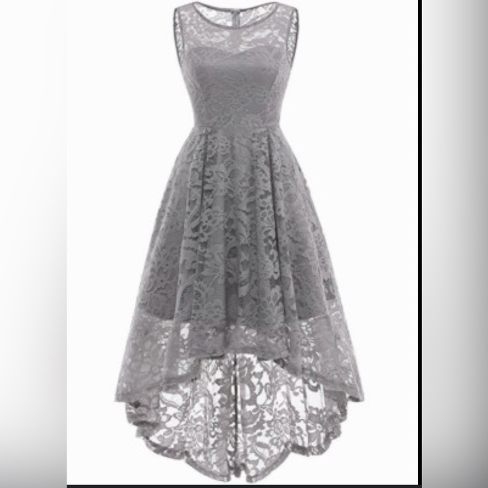 Muadress Elegant Gray High Low Sleeveless Lace Women Dress Size S